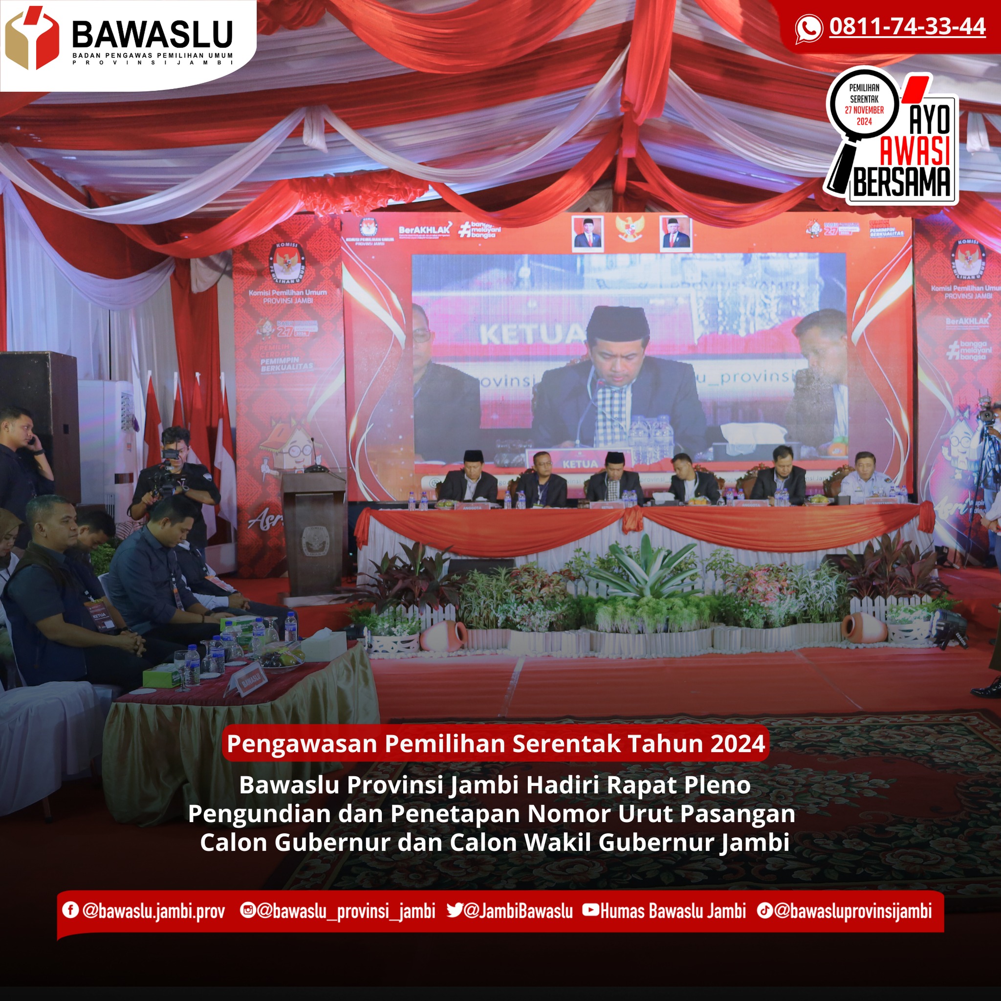 Bawaslu Jambi Awasi Pengundian dan Penetapan Nomor Urut Pasangan Cagub dan Cawagub