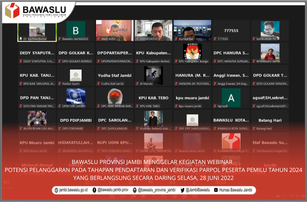 Bawaslu Jambi Gelar Webinar Potensi Pelanggaran Tahapan Pendaftaran Parpol