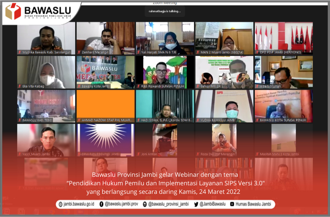 Bawaslu Jambi Gelar Webinar Pendidikan Hukum Pemilu dan Sosialisasi Layanan SIPS Versi 3.0
