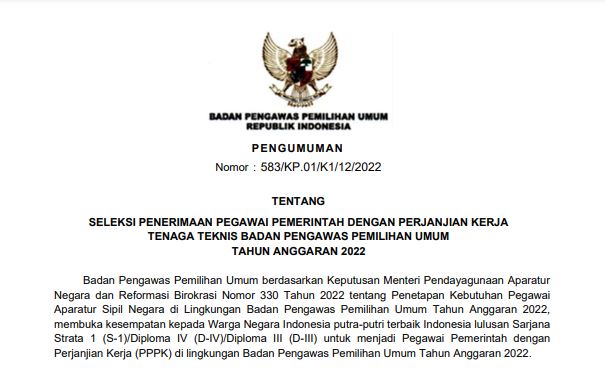 Pengumuman & Lampiran Seleksi Bawaslu