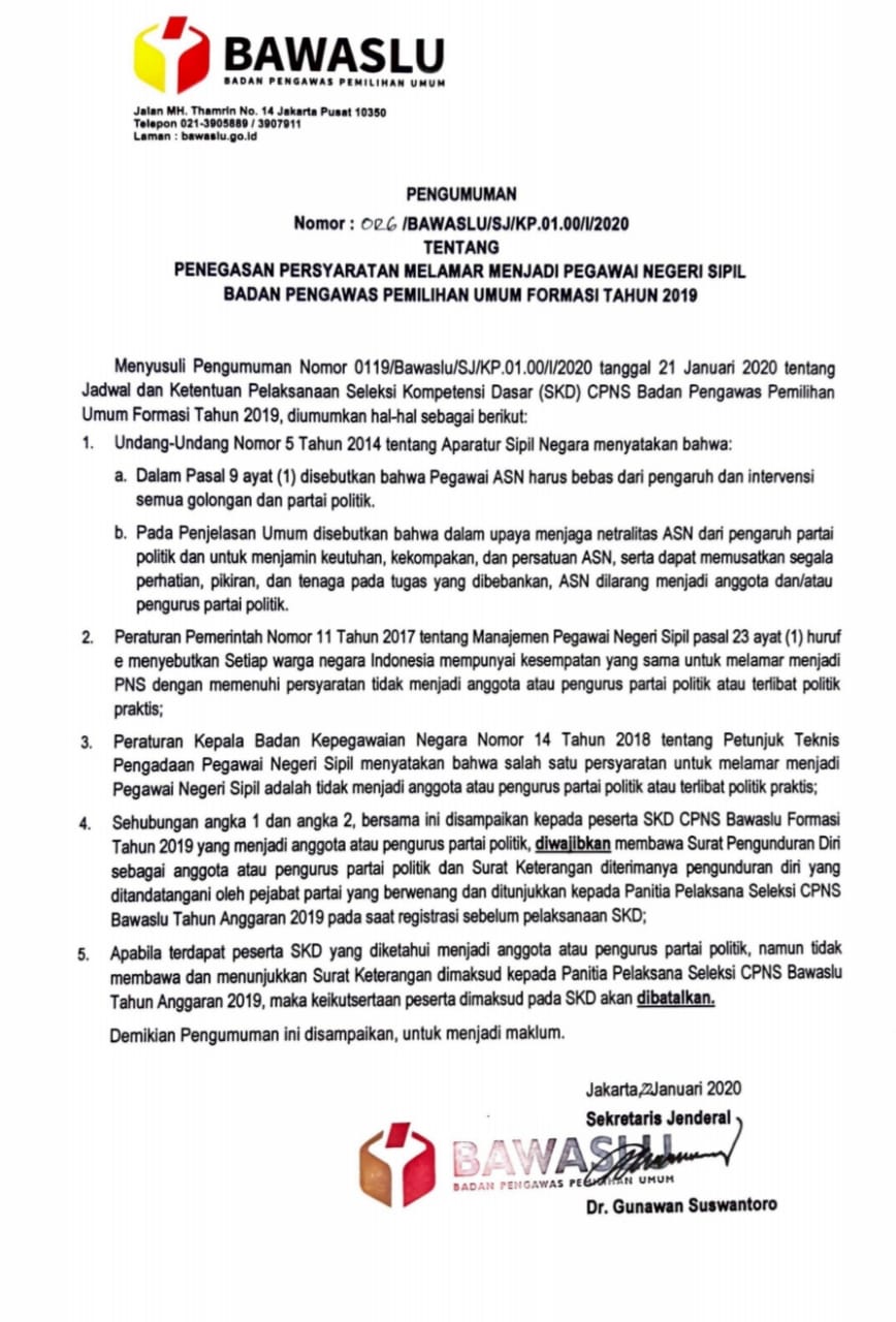 Pengumuman Penegasan Melamar Menjadi Pegawai Negeri Sipil Badan Pengawas Pemilihan Umum Tahun 2019